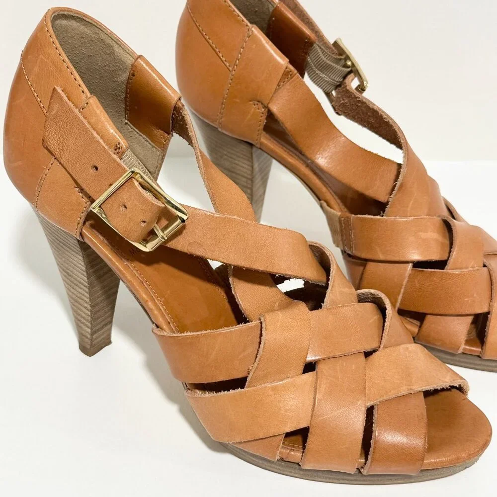 Jcrew Ares Platform Brown Tan Cognac Leather Strappy Sandal Heel Size 8